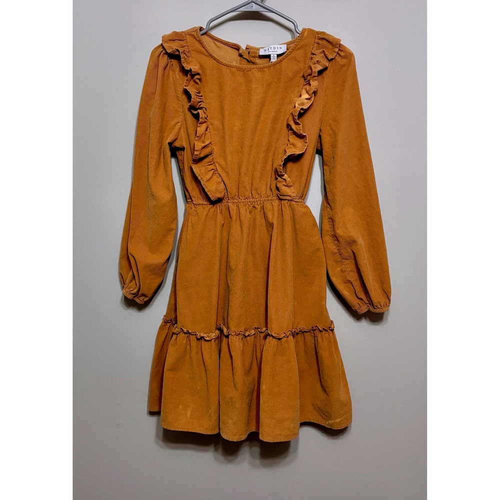Hayden Los Angeles Corduroy Midi Dress Ruffle Tiered Mustard Tan Women S
